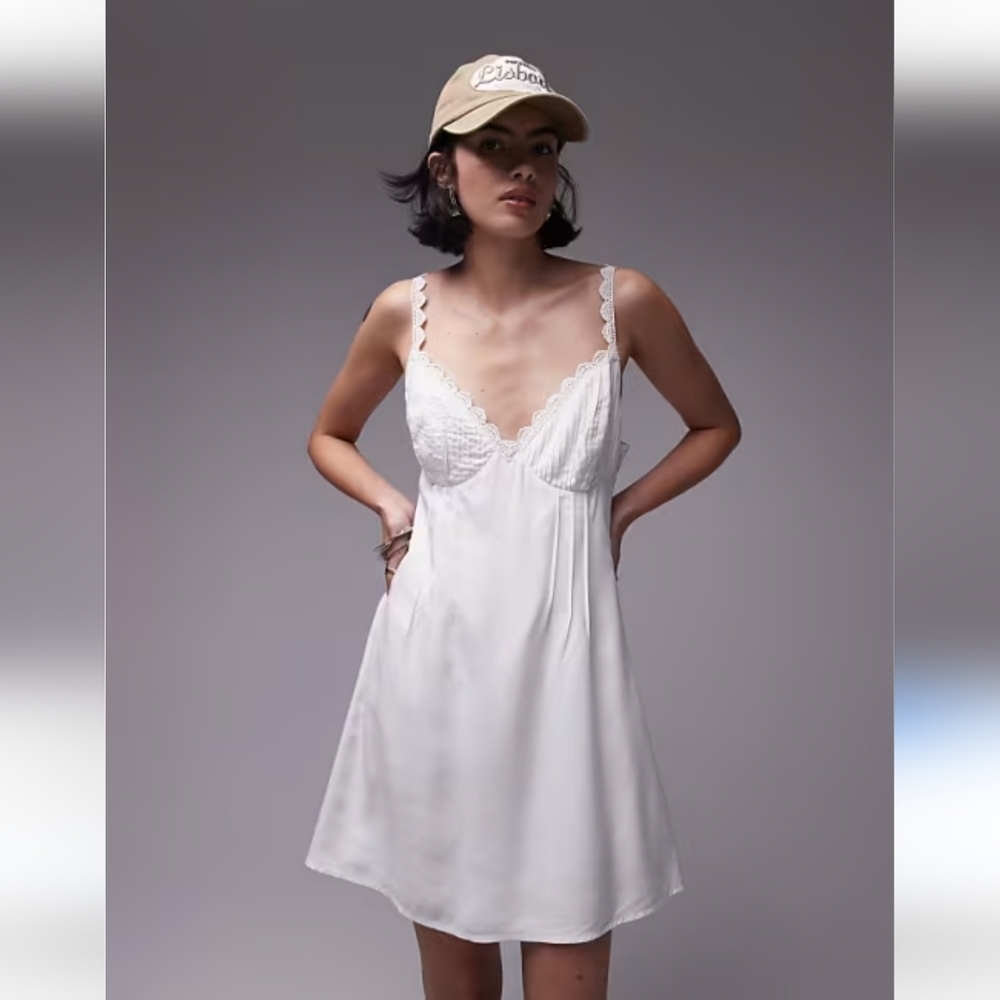 NWT! || TOPSHOP || slip dress lace trim pintucks mini white sz 12 - Picture 1 of 10